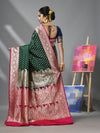 Green And Pink Katan Silk Banarasi Patli Pallu Saree With Ethnic Motifs And Zari Woven Designs-MA52KA441380066