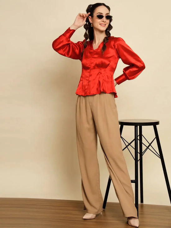 Red Satin Top with Pleat Detail