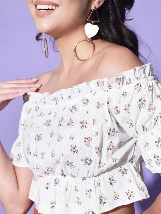 White Printed Off Shoulder Top