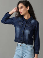 Women's Navy Blue Solid Denim Jacket-AE-9504-Navyblue