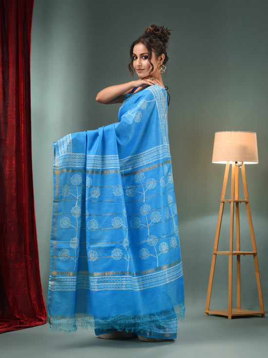 Sky Blue Blended Silk Handwoven Saree With Flower Designs-MA50BSL34710013