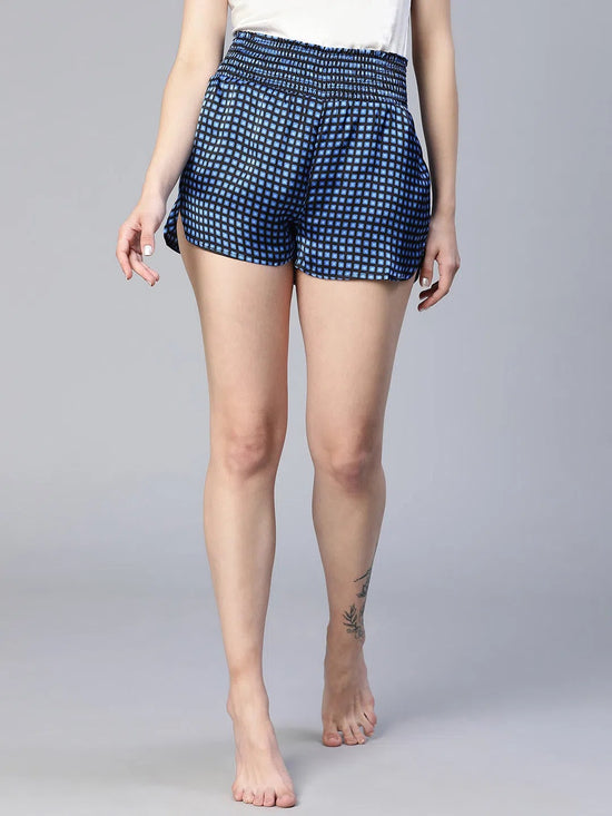 Night Navy Blue Check Print Elasticated High Waist Women Nightwear Shorts