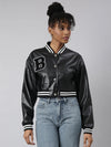 Women Solid Crop Black Drop Shoulder Oversized Varsity Jacket-8940-Black