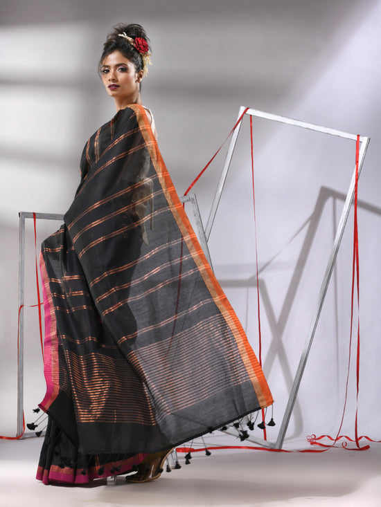 Black Soft Cotton Saree With  Zari Stripe Designs-MA55CT06530050