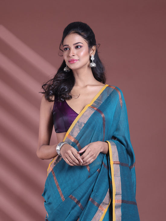 Teal Pure Cotton Zari Stripe Soft Saree With Zari Border-MA59CT06520068