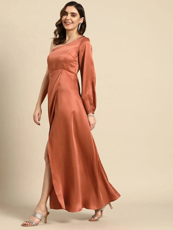 One shoulder Over lap Maxi Dress in Rust