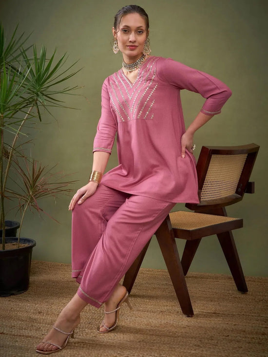 Women Pink Embroidered A Line Top With Palazzos