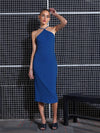 Women Royal Blue Rib Halter Neck Bodycon Midi Dress