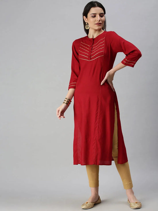 Women's Red Solid Straight Kurta-RN003-Maroon