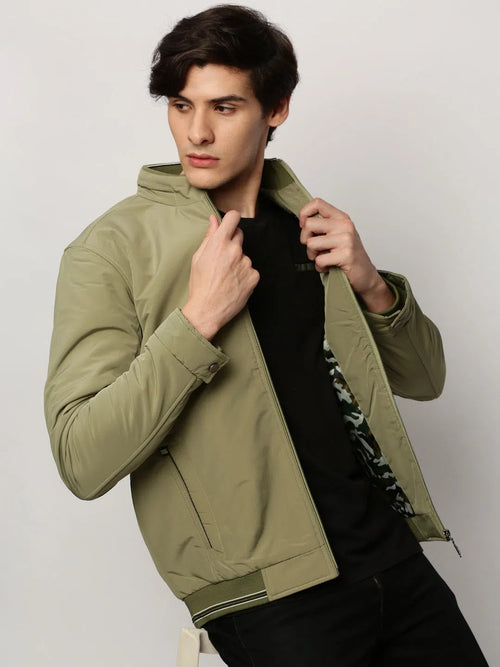 Men Green Solid Casual Bomber Jackets-ZD-3400-Green