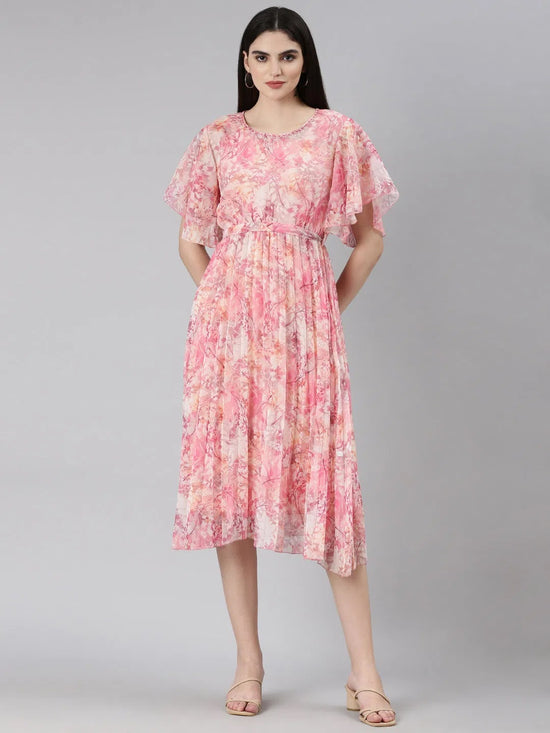 Women Pink Printed Fit and Flare Dress-DW-P-223-Pink