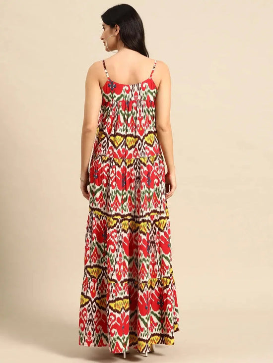 Tiered maxi Dress in Red and Cream Ikkat Print