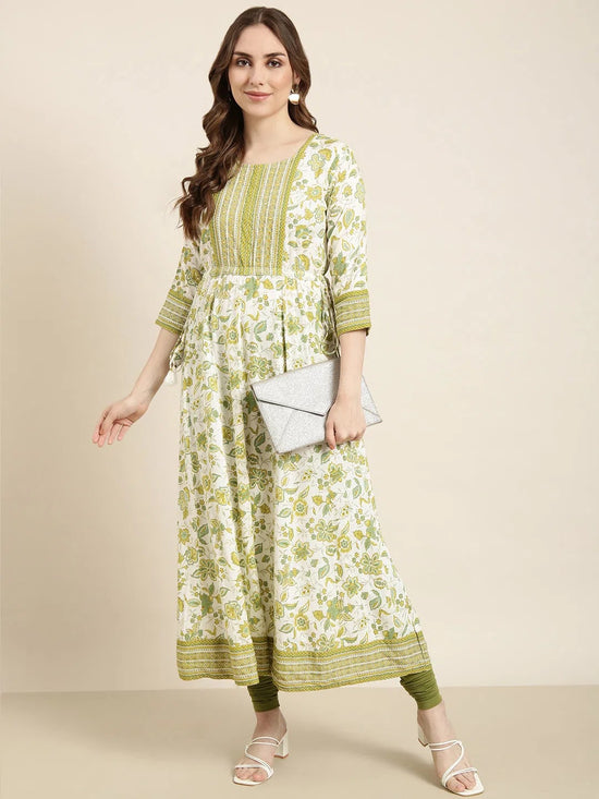 Women Anarkali Green Floral Kurta-AT-A982-LG-Green