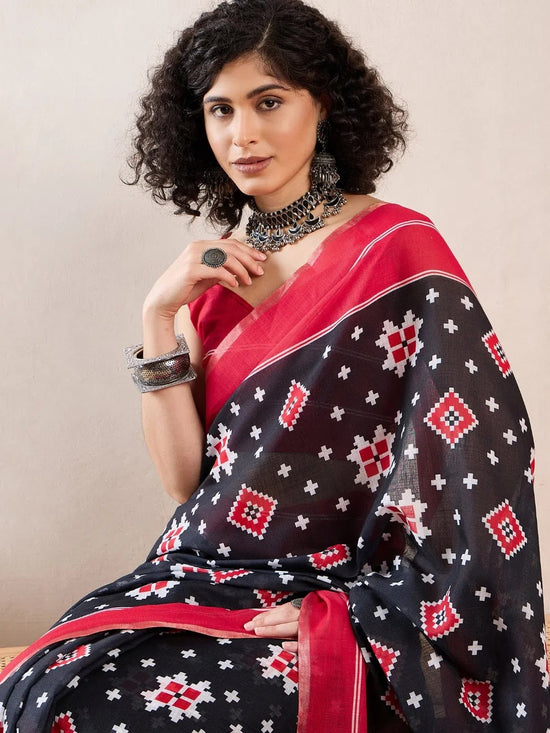 Ahika Women Black Linen Geometric Printed Saree-VFSAR1024