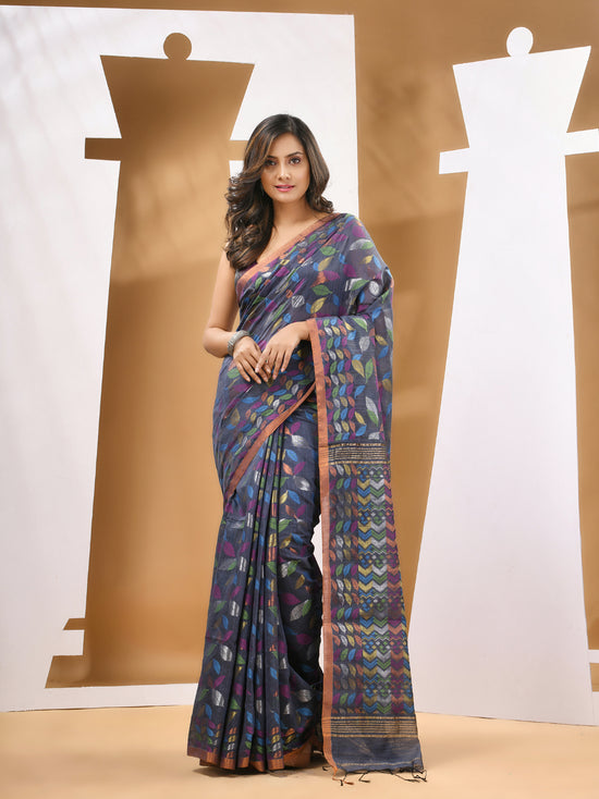 Dark Grey Cotton Blend Handwoven Saree With Paisey Motifs-MA53BCT041400058