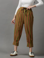 Women's Olive Striped Trouser-AE-10406-Olive