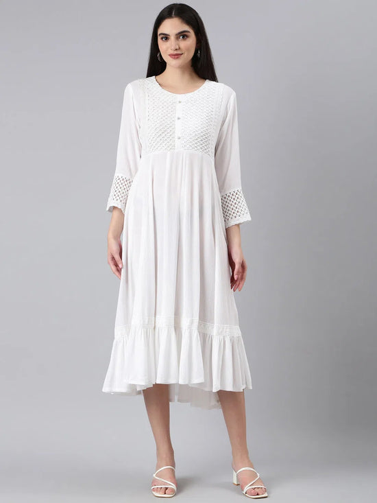 Women White Solid Empire Dress-RF-1490-White