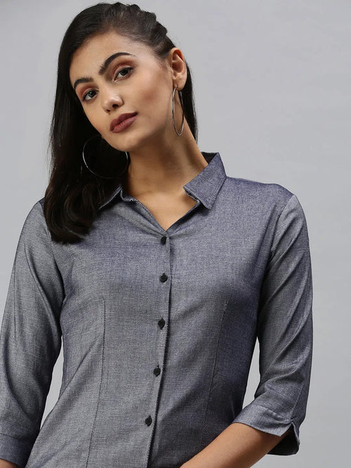 Women's Blue Solid Shirt-AE-5550176-Navyblue