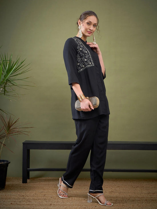 Women Black Yoke Embroidered Shirt With Palazzos