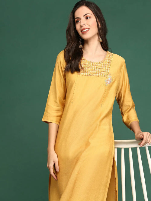 Women's Mustard Solid Straight Kurta-DF-1211-Mustard