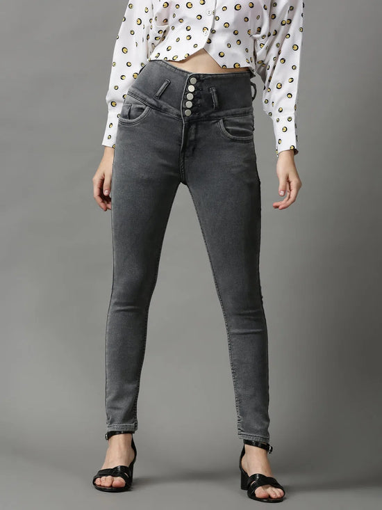 Women's Grey Solid Skinny Fit Denim Jeans-GZ-5299-Grey