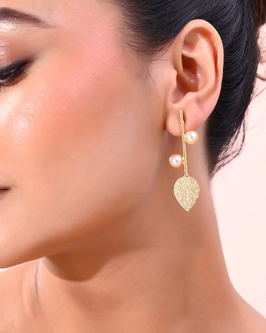 Gold Plated Leaf Shaped with Pearl Studded Earrings-VOJ337