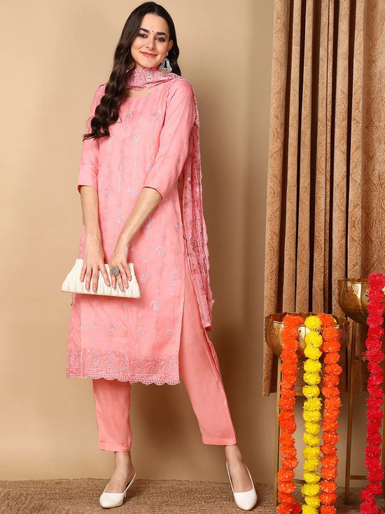 Ahika Women Pink Organza Embroidered Straight Kurta Pant Set With Dupatta