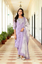 Vaasva Women Lavender Tissue Linen Embroidered Solid Kurta Set With Solid Pants & Printed Dupatta-143-Vaas-Lavender