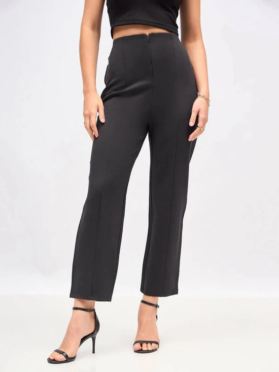 Women Dark Grey Front Darted High Waisted Pants