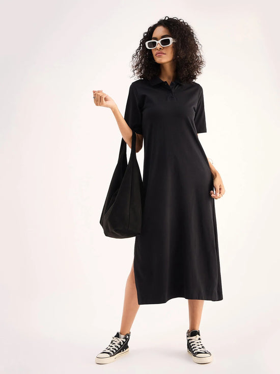 Women Black Oversized Collar T-Shirt Dress