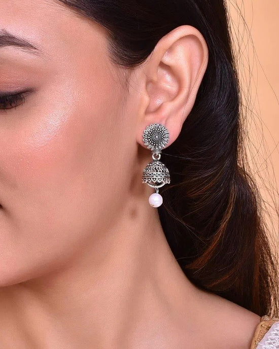 White Bead Studded Circular Oxidised Silver Plated Contemporary Jhumka-VOJ103