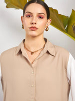 Women Beige & White ColorBlock Shirt With Darted Pants