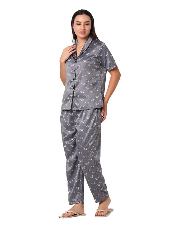 Smarty Pants Women's Silk Satin Grey Color Dog Print Night Suit