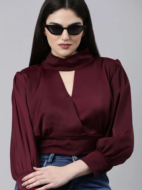 Solid Keyhole Neck Violet Cinched Waist Regular Top-AE-7090-Violet