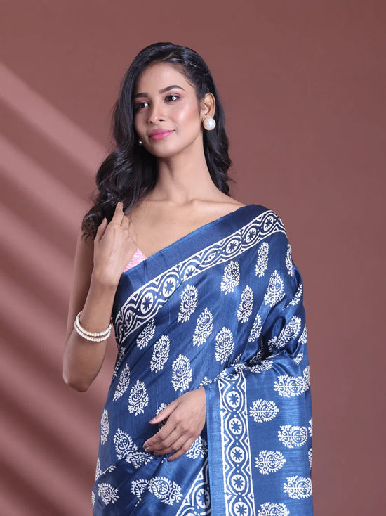 Blue Silk Soft Saree With Paisley Print-MA60BSL01400045