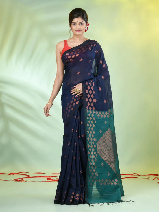 Navy Blue Cotton Saree With Geomatric Patterns-MA66BCT43830038