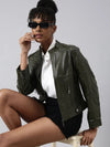 Women Solid Olive Biker Jacket-1801-Olive