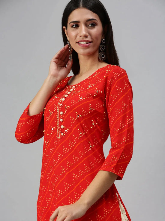 Women's Red Printed Kurta Sets-FS2235-Red