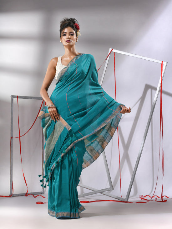 Teal Cotton Saree With Gheecha Pallu-MA55CT06540001