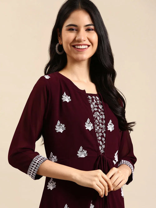 Women's Red Embroidered A-Line Kurta-SKC-7903-Burgundy