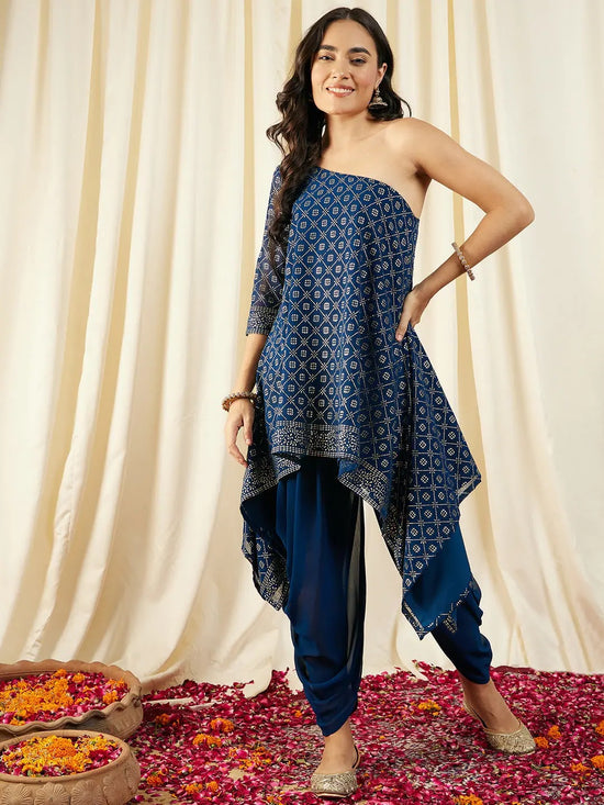 One Shoulder Assymettric Top with Dhoti Pants in Blue Color