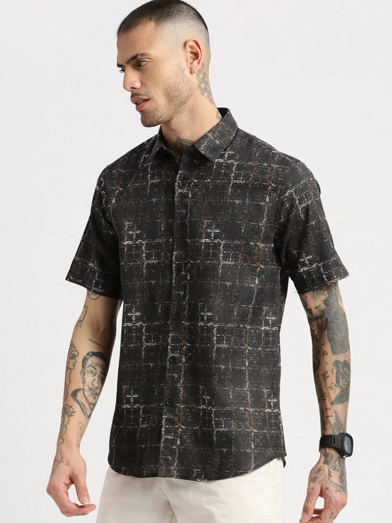 Men Spread Collar Abstract Black Casual Shirt-NAHAR-2159-Black