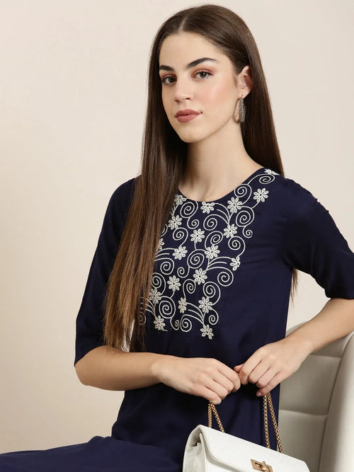 Women Navy Blue Solid Straight Kurta-NJ-3612218-Navyblue