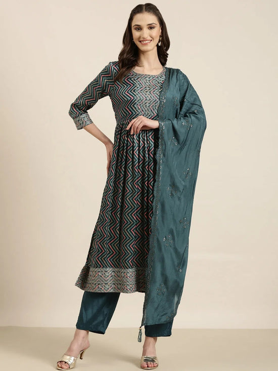 Women Teal Chevron Kurta Set-GW-3742-Teal