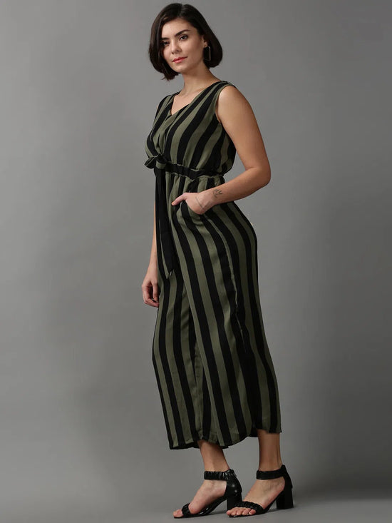 Women's Green Striped Jumpsuit-AE-15647-Olive