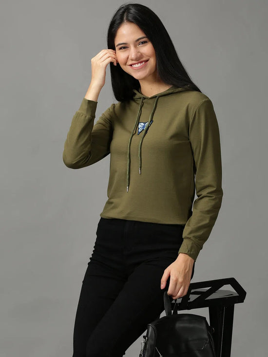 Women's Olive Solid Sweatshirt-RY-3787-Olive