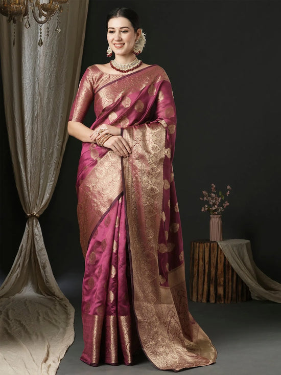 Saree Mall Women's Organza Magenta Woven Design Designer Saree With Blouse Piece-UNATI2001