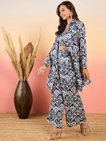 Three Piece Coord Set in Blue Ikkat Print