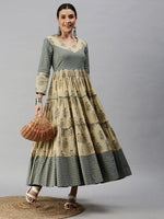 Women's Beige & Blue Printed Anarkali Kurta-BS11100-Beige-Blue