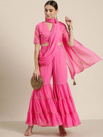 Women Pink Tiered Palazzo With Attached Pallu